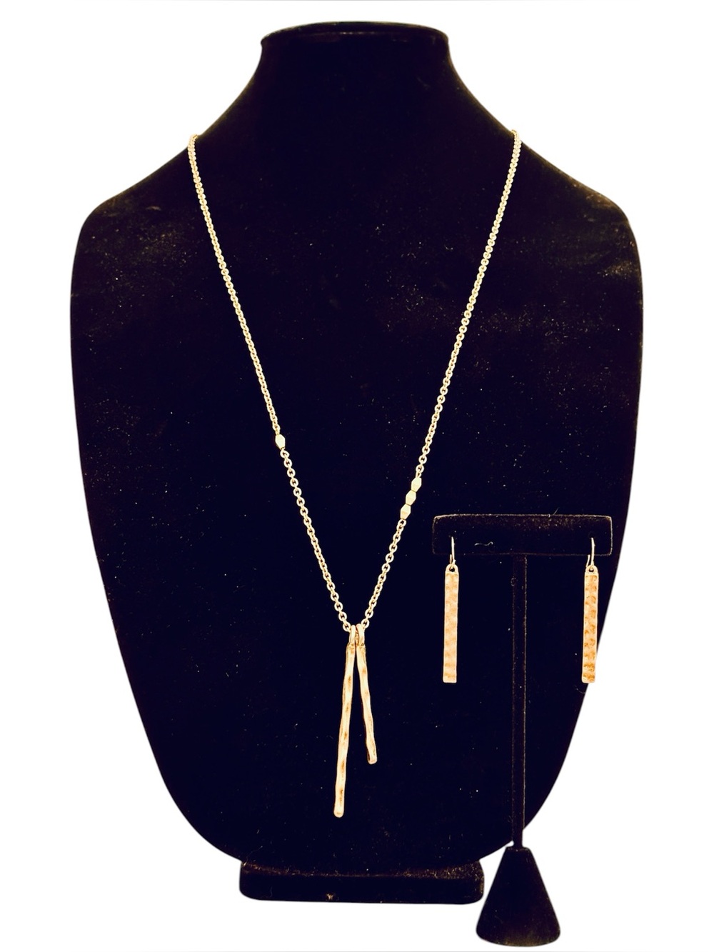 Gold Hammered Drop Necklace and Drop Earrings Set
